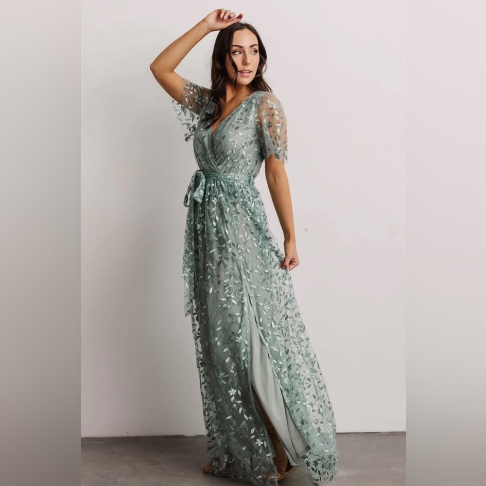 Marseille Embossed Maxi Dress in Sage Green, by Baltic Born